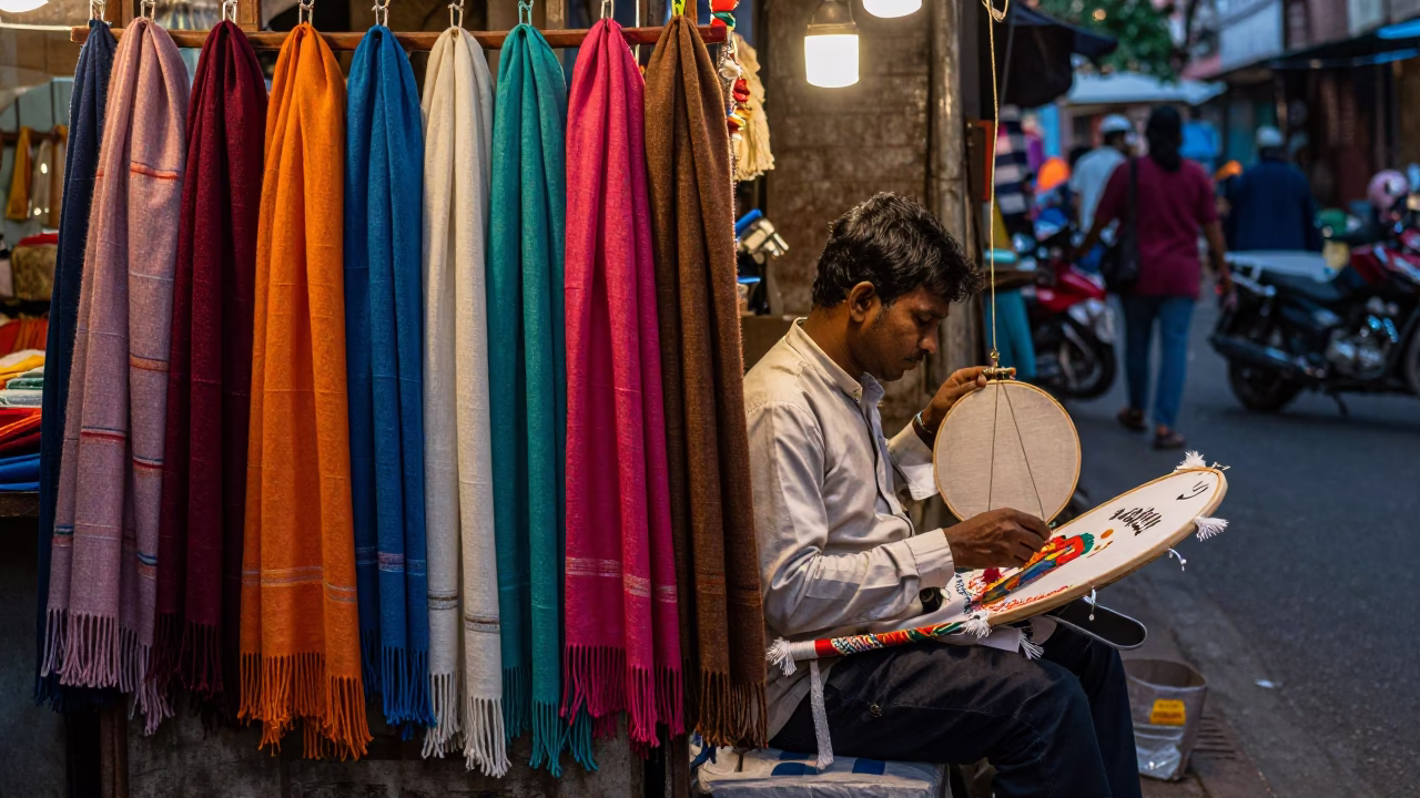 Mumbai Early Evening Street Scene with Wool Scarves and Embroidery Hoop Props in in Mumbai, India