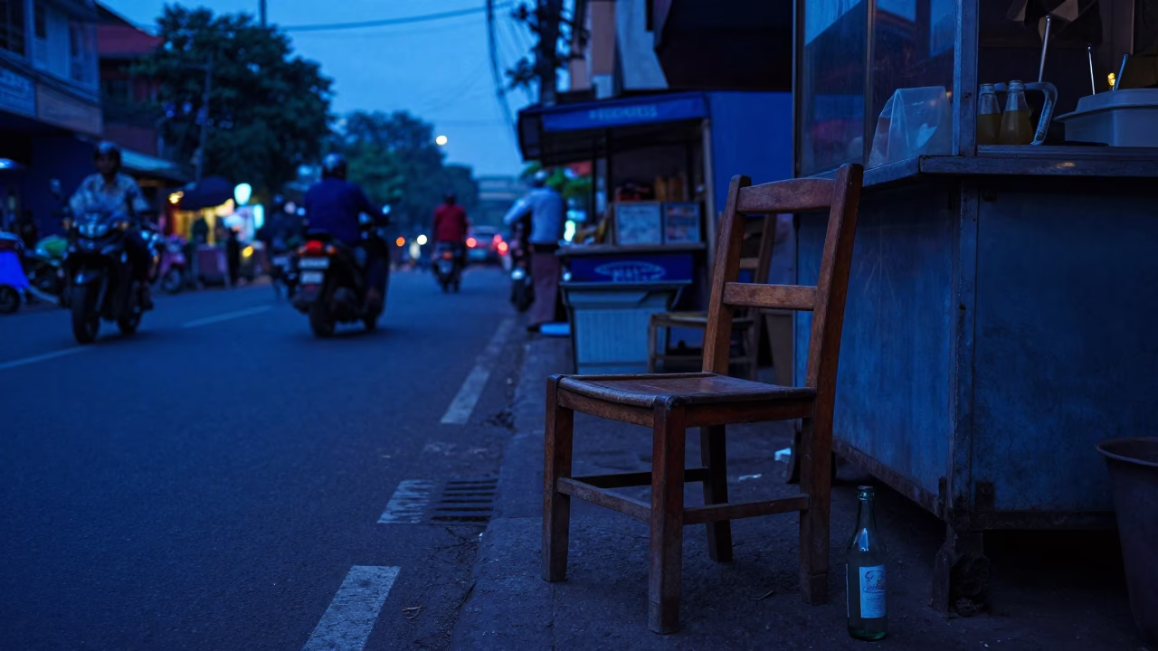 Mumbai Evening Blue Hour Street Scene with Ladder-Back Chair and Bottle in in Mumbai, India