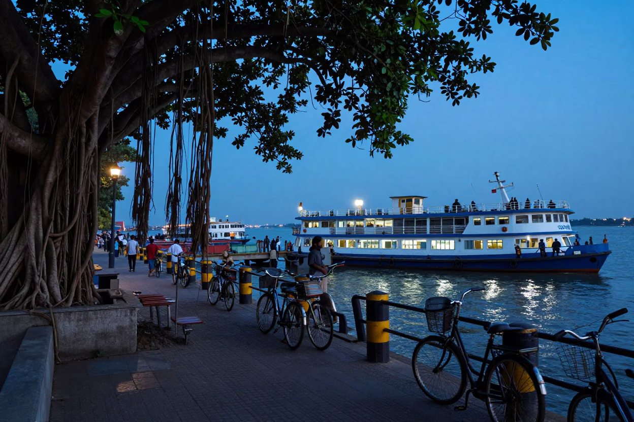 Mumbai Evening Ferry Dock with Bicycles and Banyan Tree in in Mumbai, India