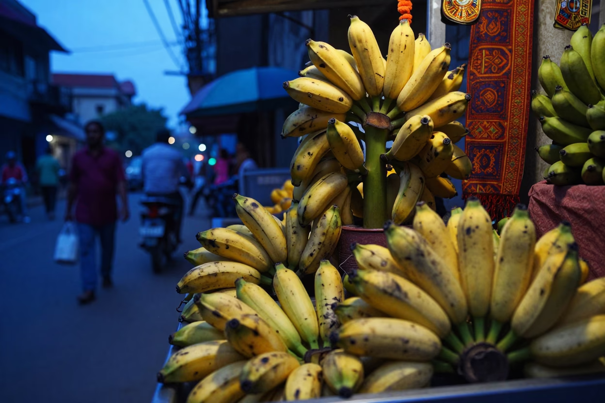 Mumbai Evening Street Scene with Bananas and Traditional Decor in in Mumbai, India