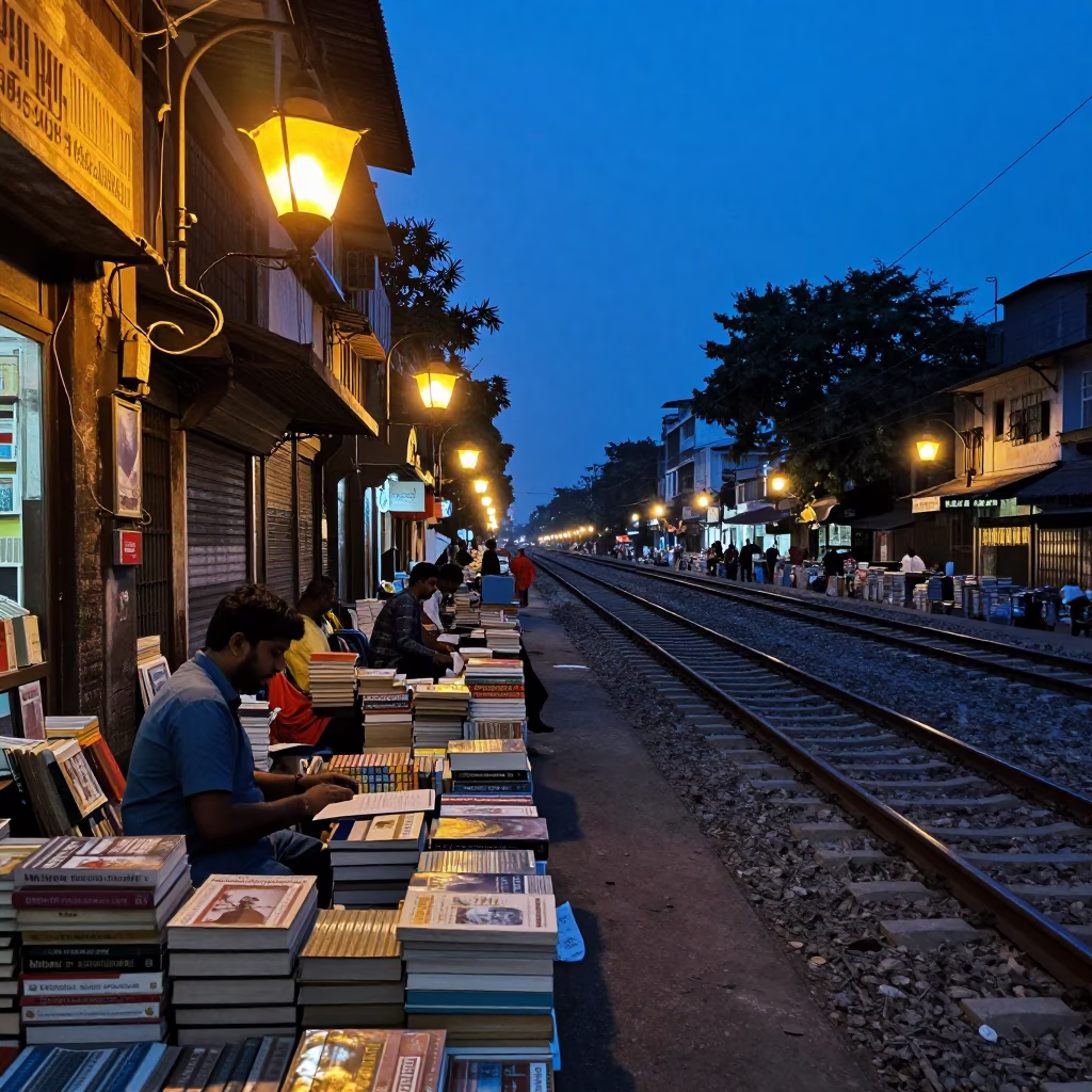 Mumbai Evening Street Scene with Bookseller Amber Lamps and Date Palm in Blue Light in in Mumbai, India