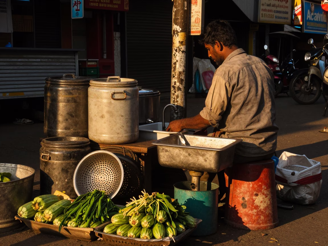 Mumbai Evening Street Scene with Canisters and Sink Strainer in Honeyed Light in in Mumbai, India