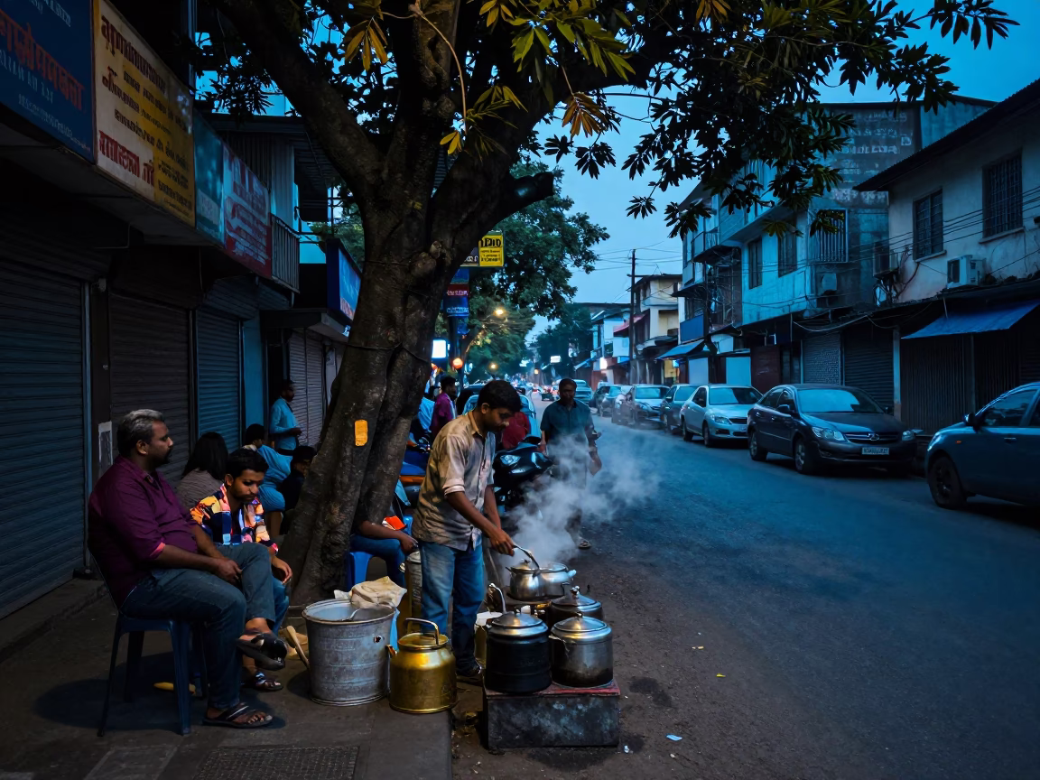 Mumbai Evening Street Scene with Fig Tree and Local Life in in Mumbai, India