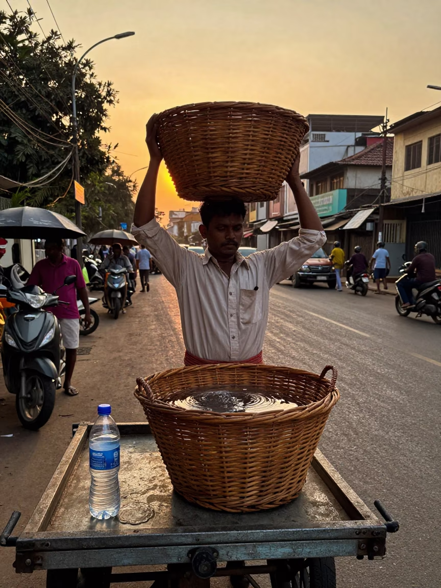 Mumbai Evening Street Scene with Wicker Basket and Water Bottle in Honeyed Light in in Mumbai, India