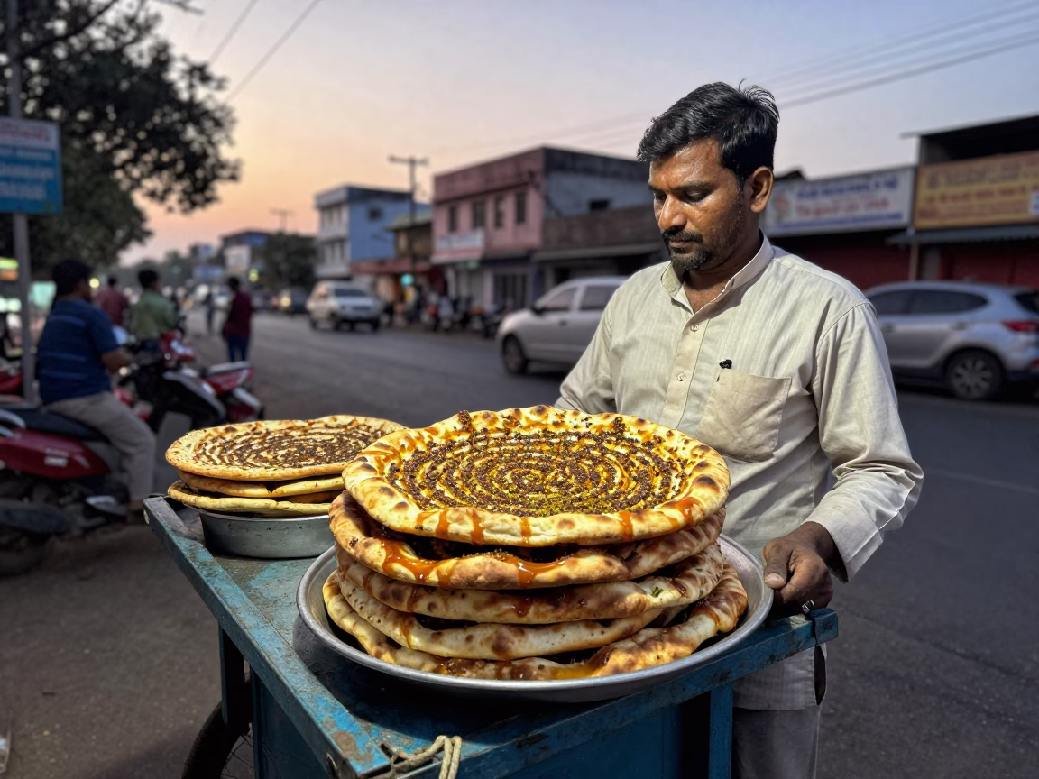 Mumbai Evening Street Vendor Selling Zaatar Flatbread and Fresh Onions in Golden Light in in Mumbai, India