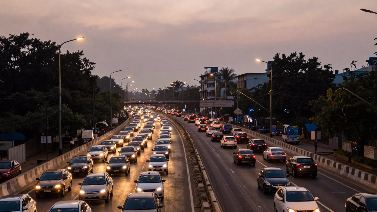 Mumbai Evening Traffic Chaos at Western Express Highway Overpass with Taillight Streaks in in Mumbai, India