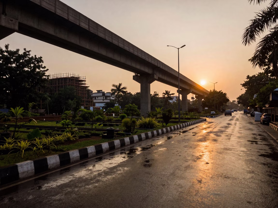 Mumbai Evening Viaduct Shadow Over Rain-Washed Gardens and Construction Site in in Mumbai, India