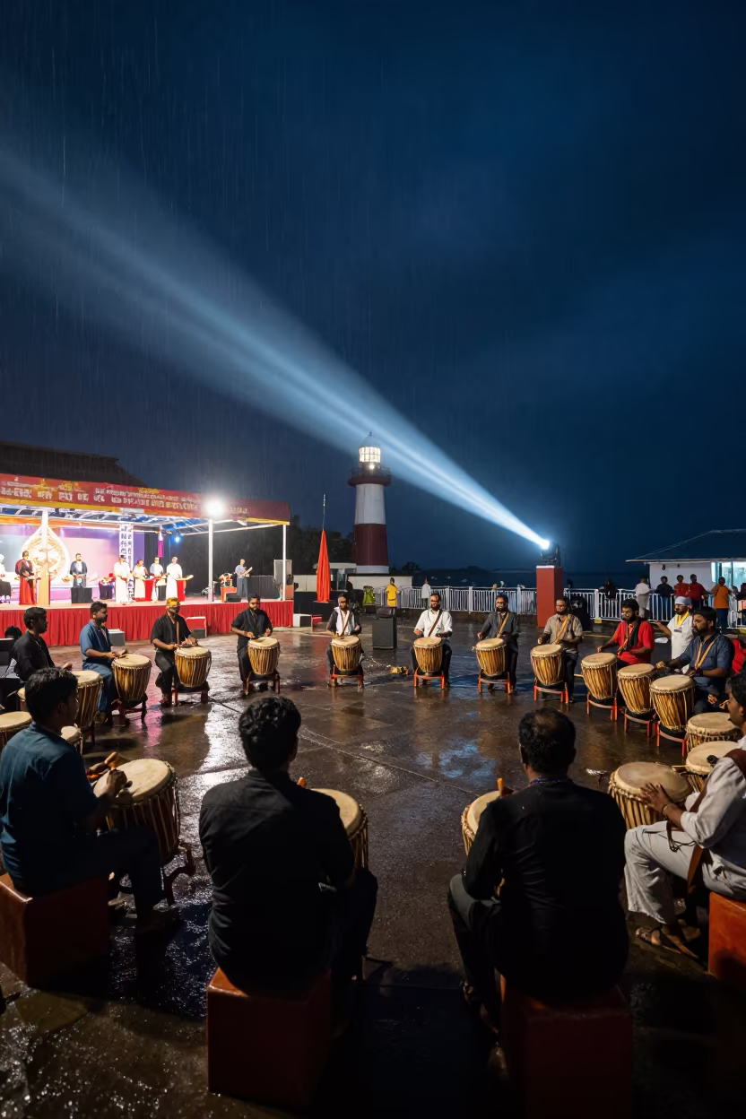 Mumbai Festival Drummers Night Rain Storm in at a public square during a festival in Mumbai