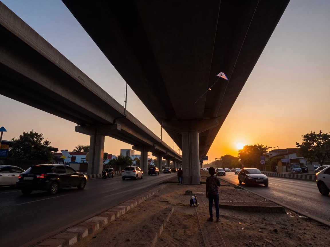 Mumbai Flyover Underside at Sunset with Kite Reel and Leaf Shadows in in Mumbai, India