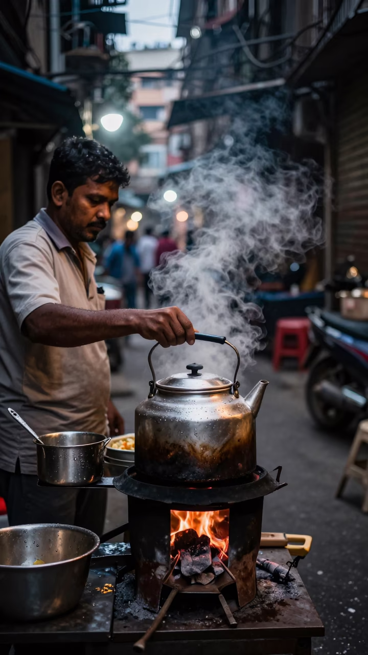 Mumbai Food Vendor at As City Lights Begin To Glow in in Mumbai, India