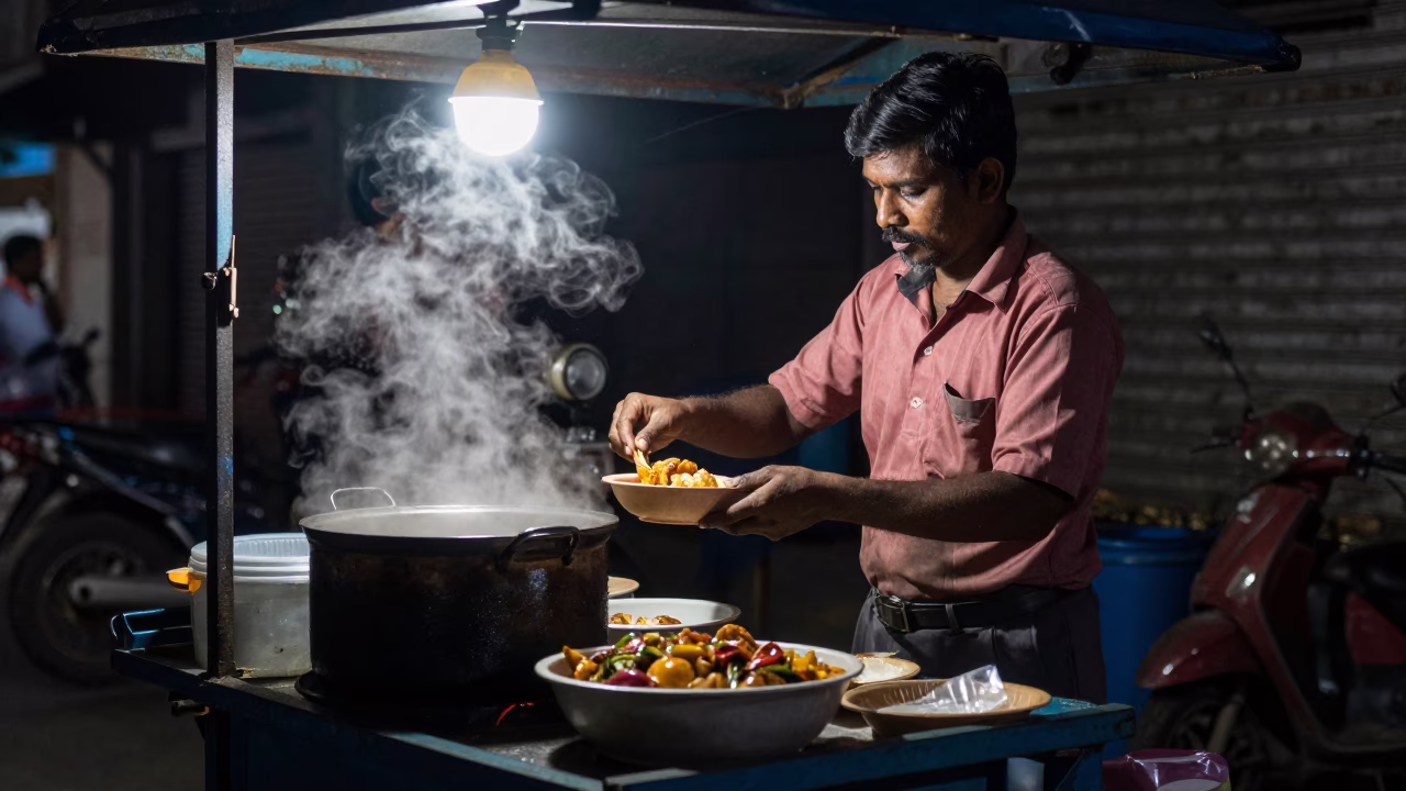 Mumbai Food Vendor at Deep In The Night Light in in Mumbai, India