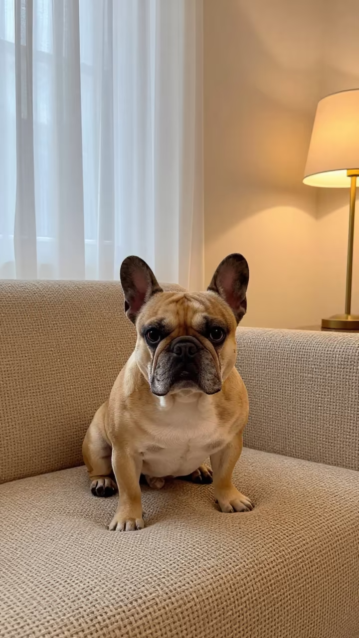 Mumbai French Bulldog Portrait on Sofa in on a sofa near a curtained window with calm indoor light in Mumbai