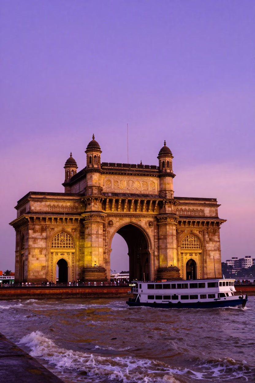 Mumbai Gateway of India at Sunset with Ferry and Urban Skyline in in Mumbai, India