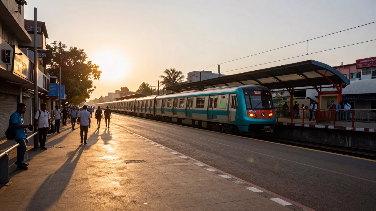Mumbai Golden Hour Street Scene with Metro Train and Local Life in in Mumbai, India