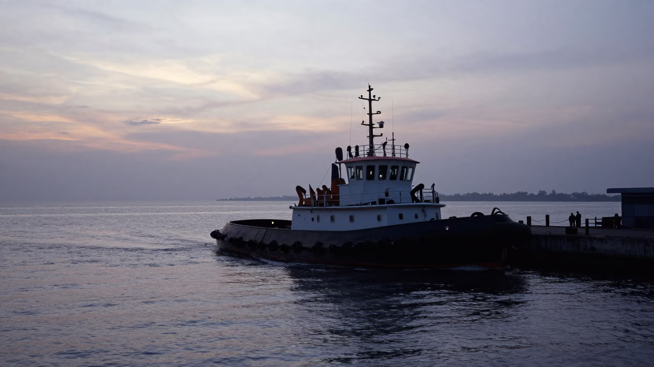 Mumbai Harbor at Nautical Dawn with Tugboat and Concrete Viaduct in in Mumbai, India