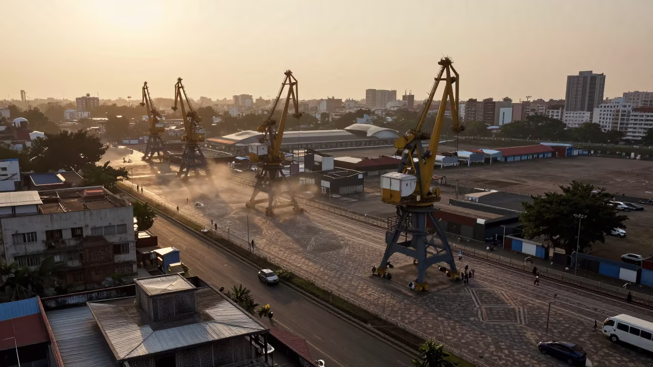 Mumbai Harbor Cranes Aerial View Winter Evening in high above patterned rooftops near Kala Ghoda, Mumbai