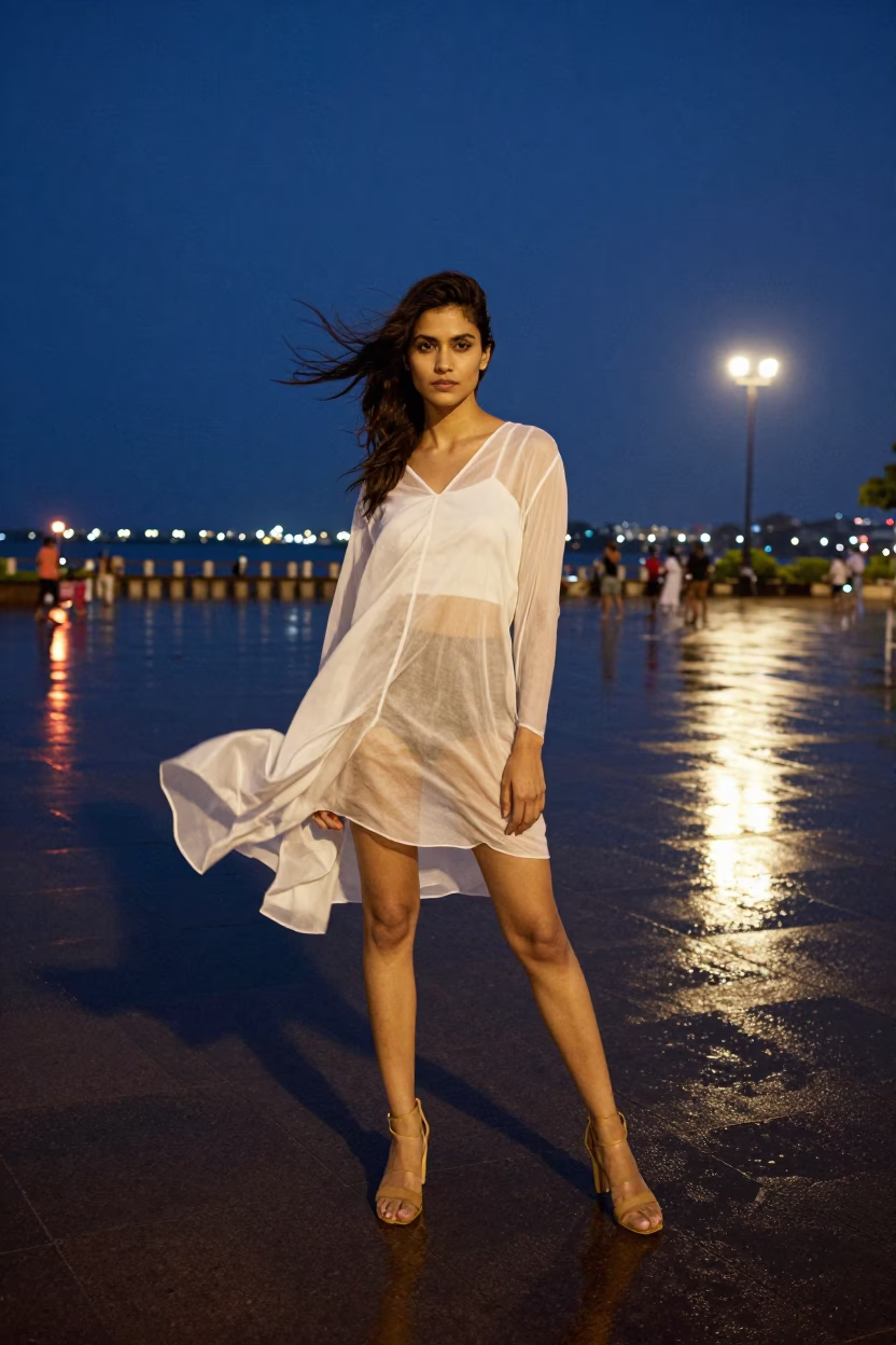 Mumbai Harbor Fashion Editorial Windy Evening in across a reflective public plaza in Mumbai