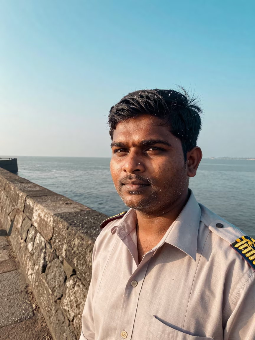 Mumbai Harbor Pilot Portrait with Salt Spray in beside a harbor wall near Crawford Market, Mumbai