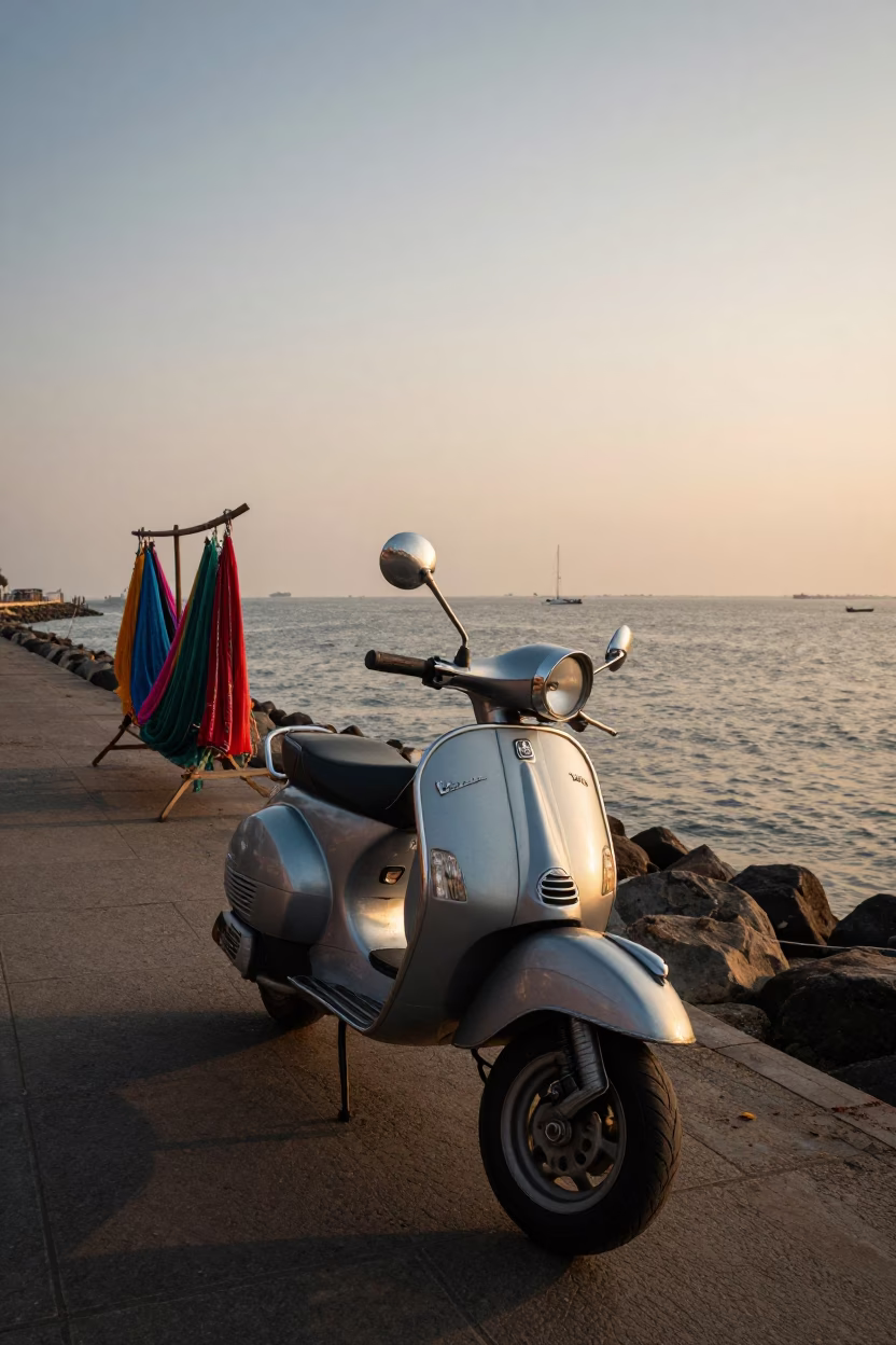 Mumbai Harbor Promenade at Sunset with Parked Scooter and Fishing Nets in in Mumbai, India