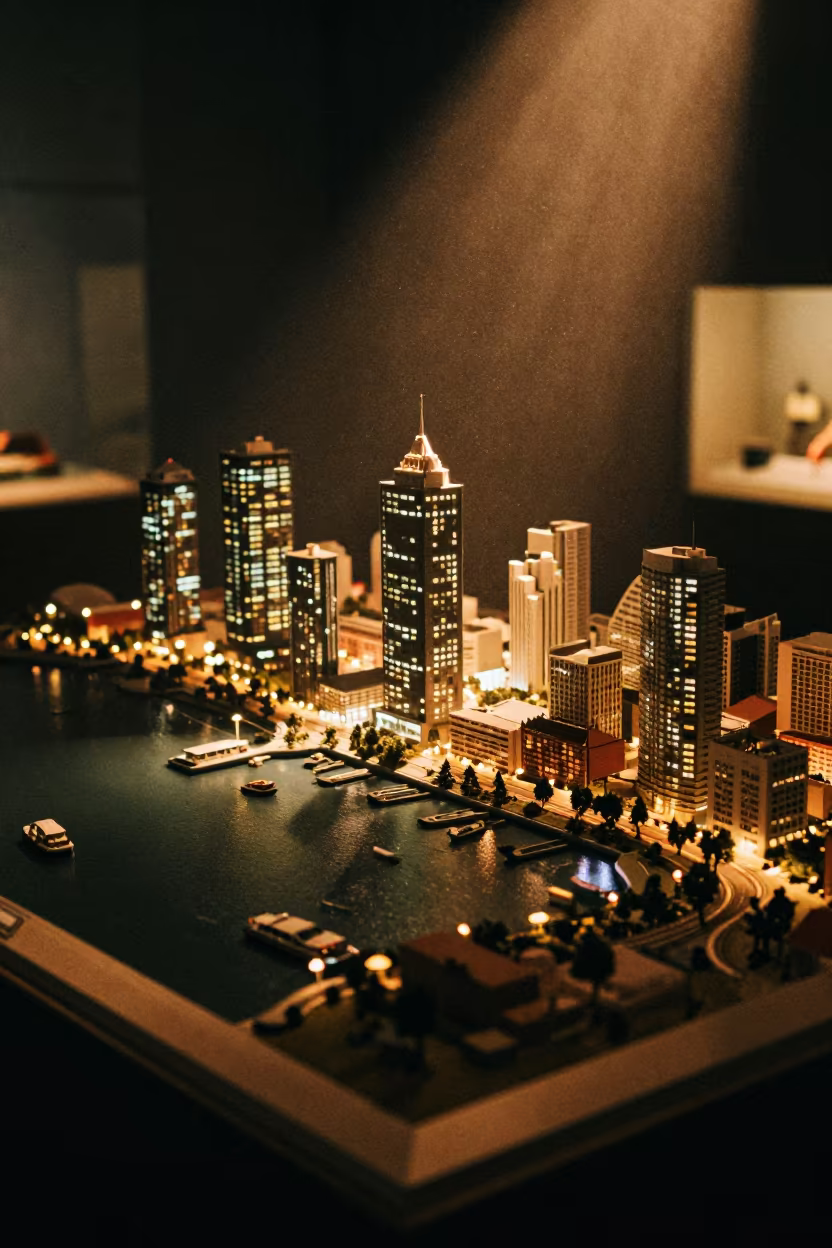 Mumbai Harbor Skyline Night Model on Plinth in on a museum plinth in Mumbai