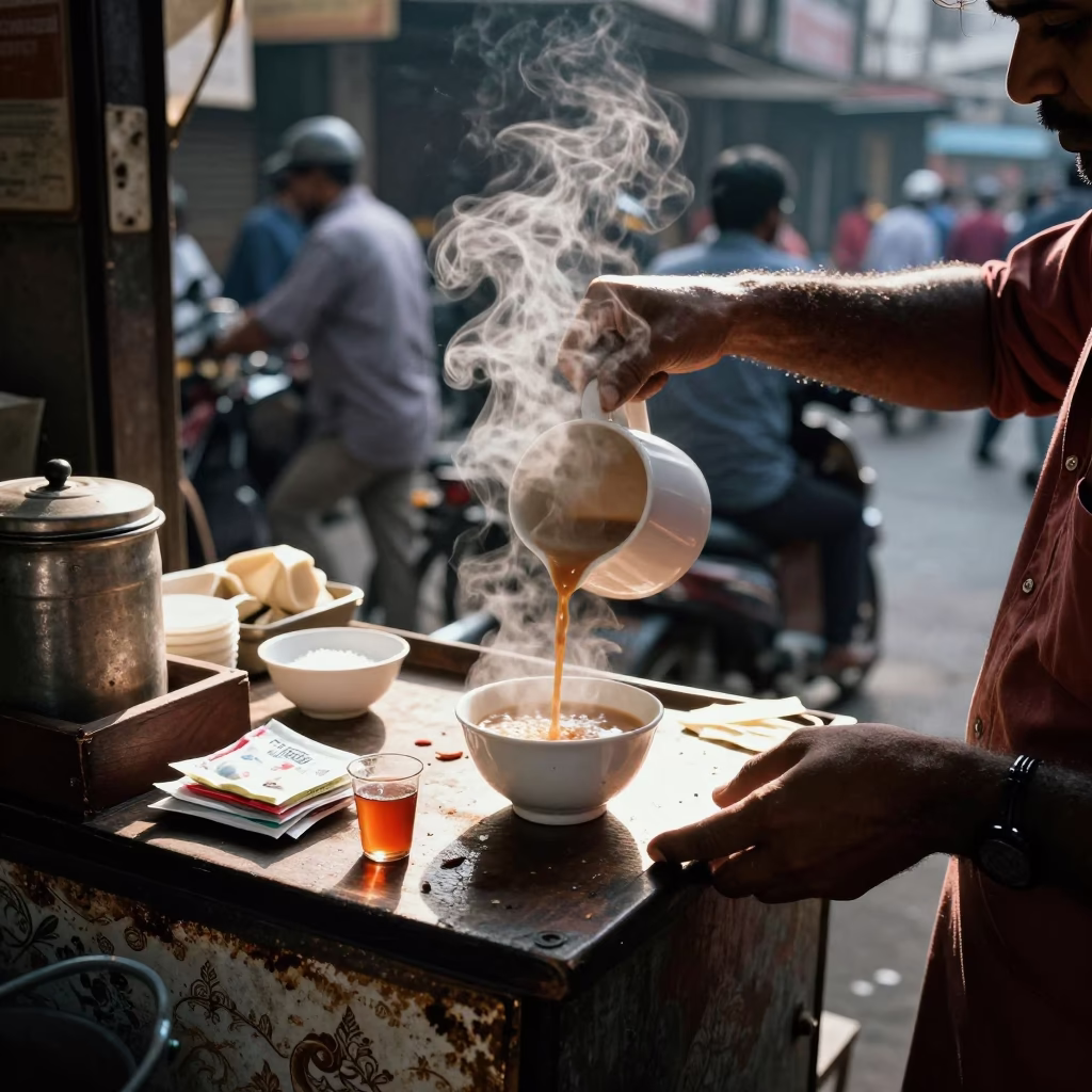 Mumbai Hot Tea at As First Light Reaches The Scene in in Mumbai, India