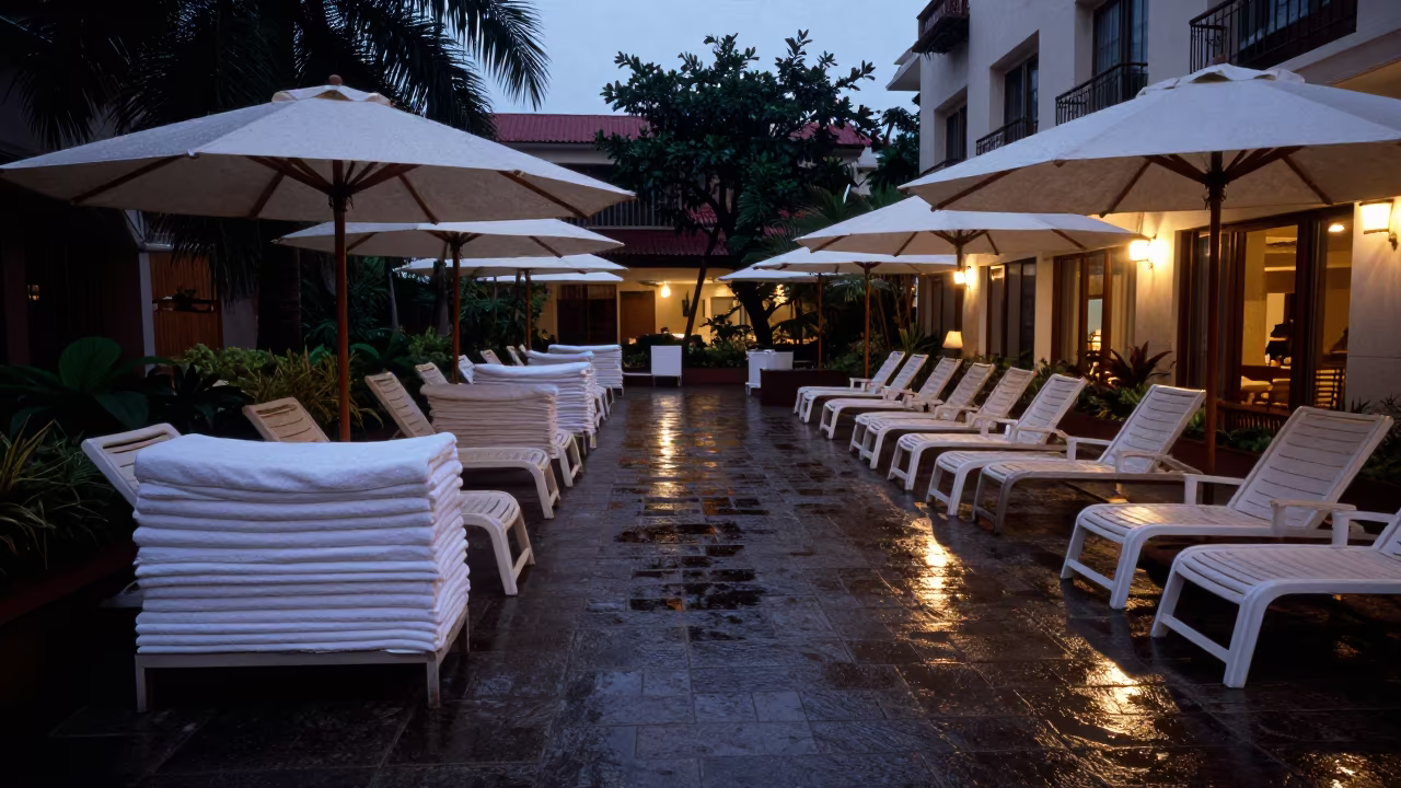 Mumbai Hotel Courtyard Cabanas After Rain in in a hotel courtyard prepared for dinner in Mumbai