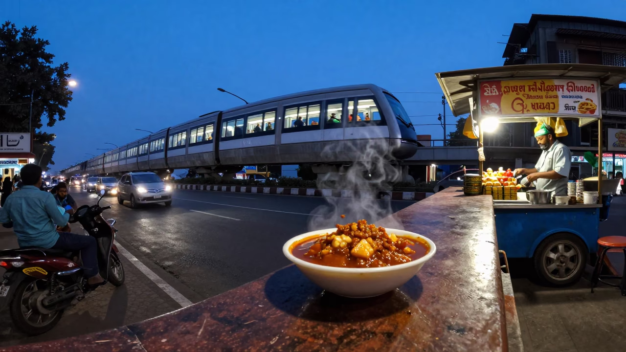 Mumbai India Blue Hour Street Scene with Monorail Reflection and Chaat Vendor in in Mumbai, India