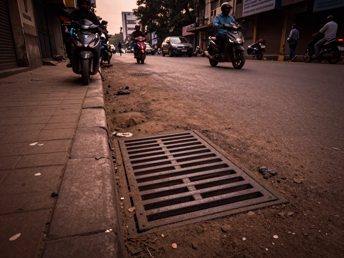 Mumbai India Copper Dusk Street Scene With Dusty Drain And Urban Life in in Mumbai, India