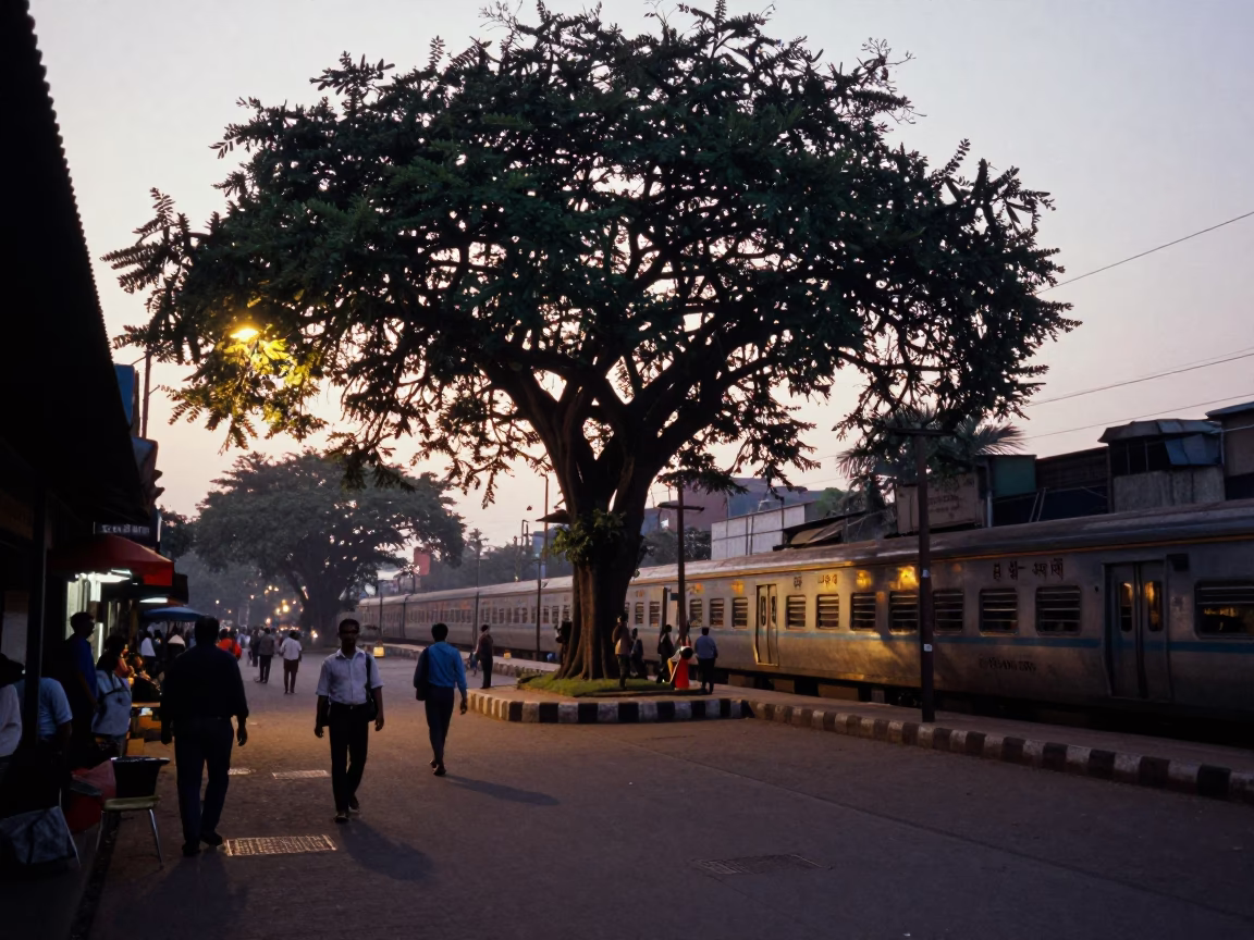 Mumbai India Dawn Street Scene with Banyan Tree and Morning Commuters in in Mumbai, India