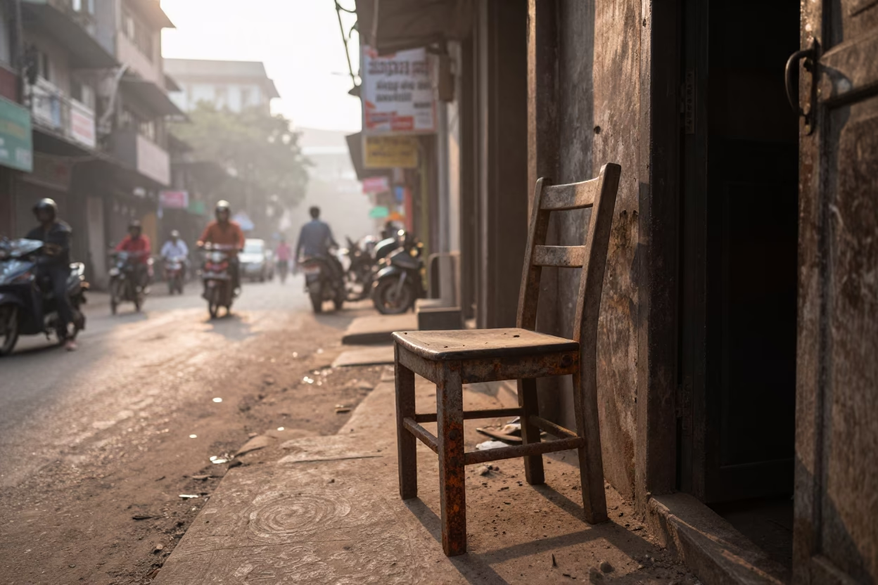 Mumbai India Dawn Street Scene with Rusty Chair and Dusty Doorframe in in Mumbai, India
