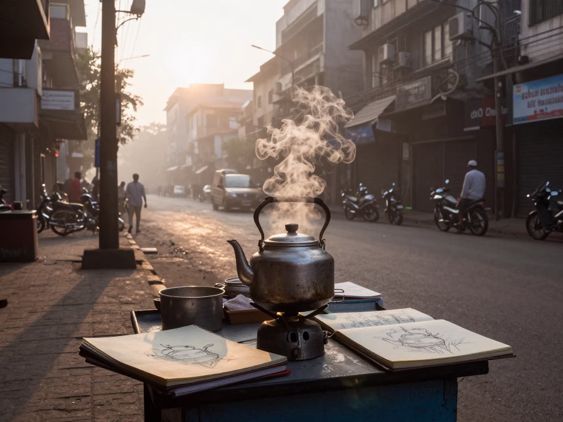 Mumbai India Dawn Street Scene with Tea Kettle and Sketchbook in in Mumbai, India
