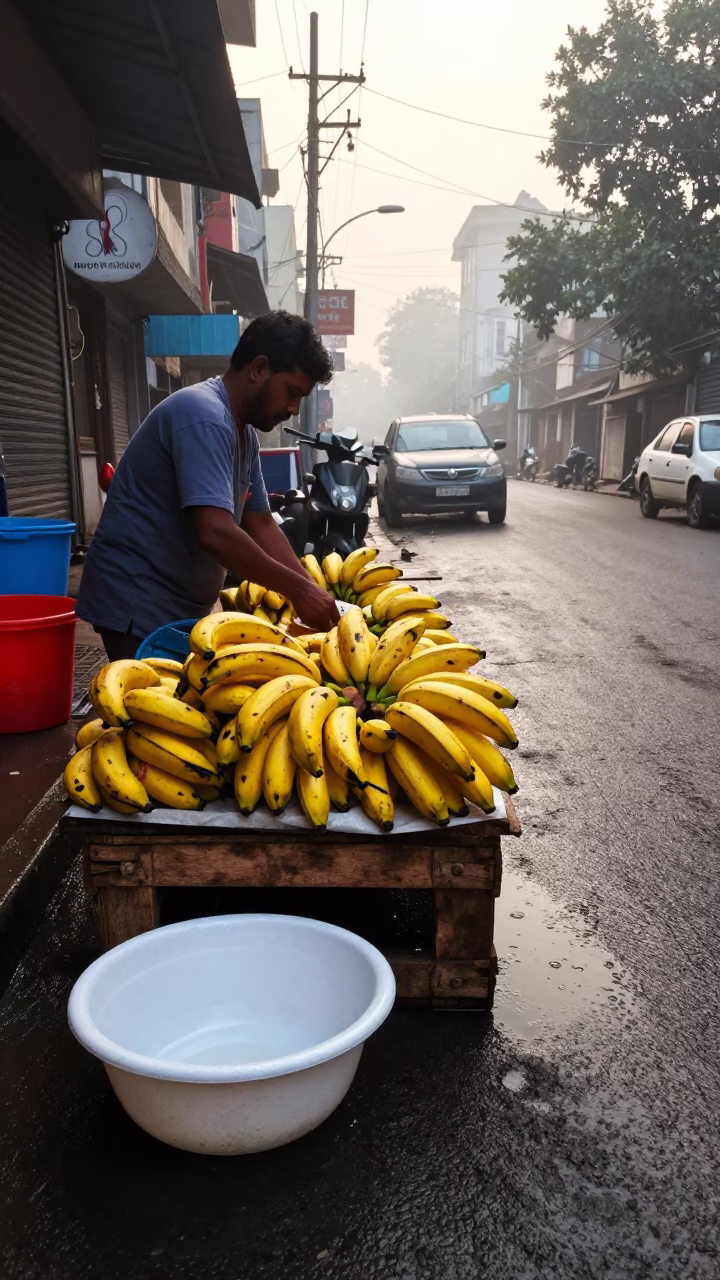 Mumbai India Early Morning Street Scene with Bananas and Wash Basin in in Mumbai, India