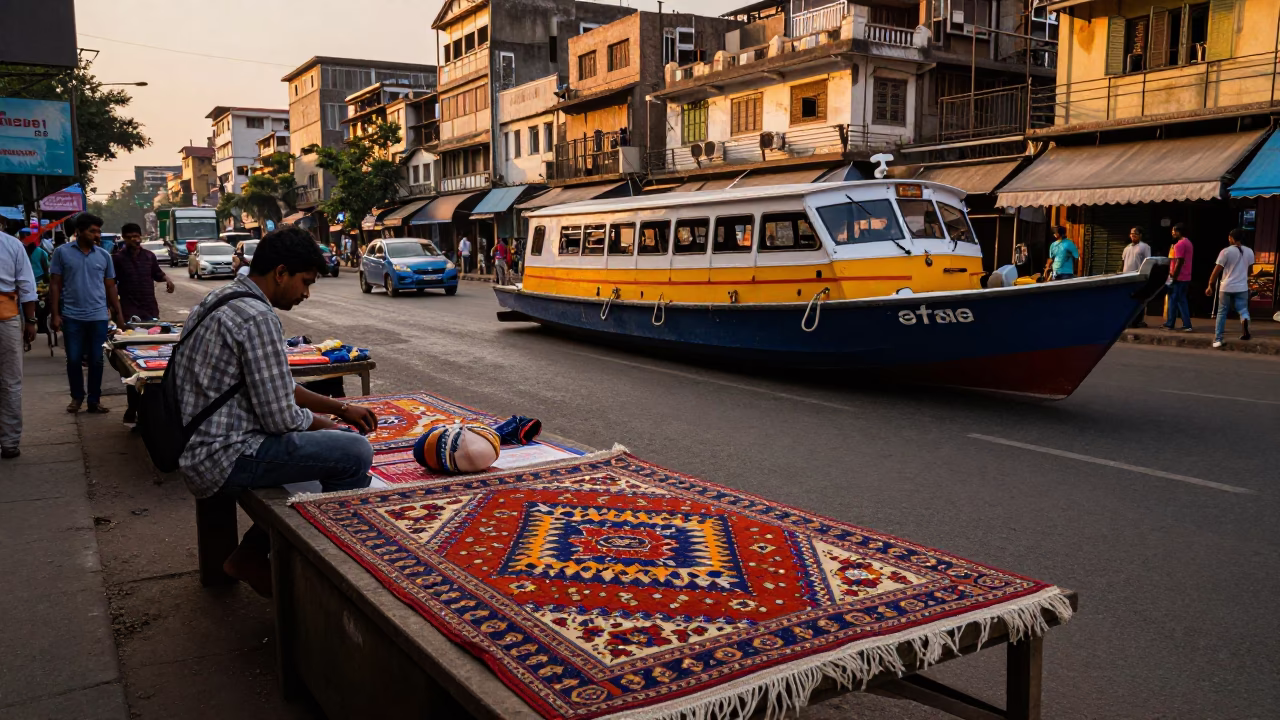 Mumbai India Evening Street Scene with Water Taxi and Patterned Rug Detail in in Mumbai, India