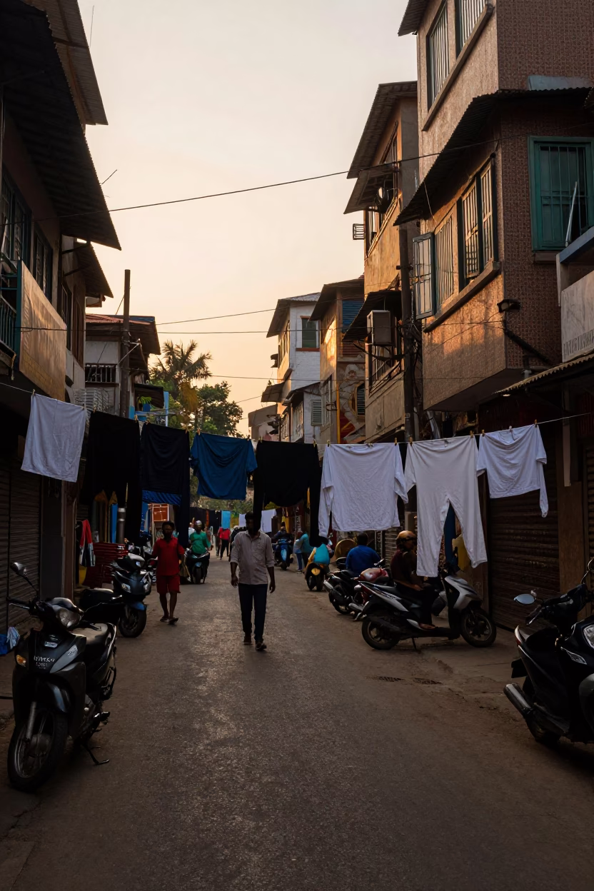 Mumbai India Golden Hour Street Scene with Hanging Laundry and Urban Life in in Mumbai, India