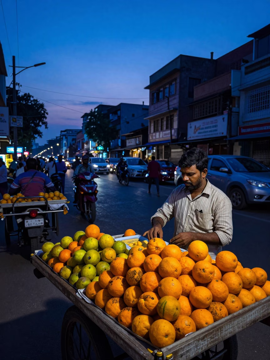 Mumbai India indigo twilight street scene with oranges and henna artist in in Mumbai, India