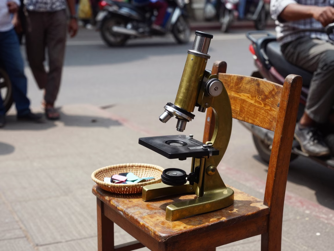 Mumbai India Midday Street Scene with Vintage Brass Microscope on Chair Amidst Local Life in in Mumbai, India