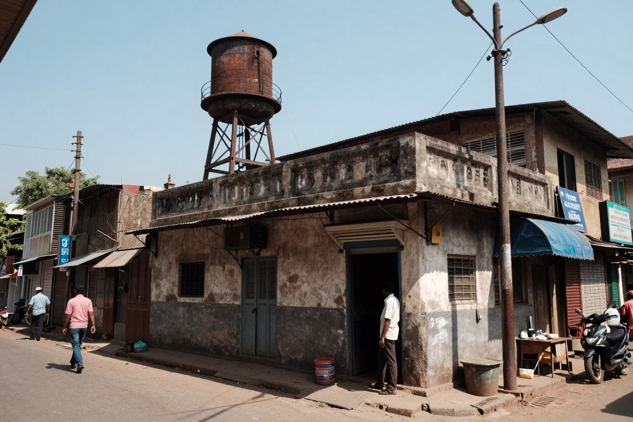 Mumbai India midday street scene with water tower and local life in in Mumbai, India