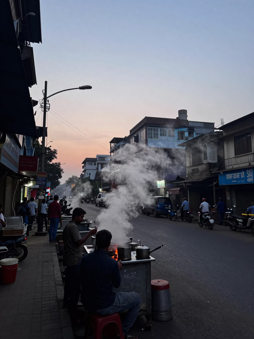 Mumbai India Nautical Dawn Street Scene with Steam and Local Life in in Mumbai, India