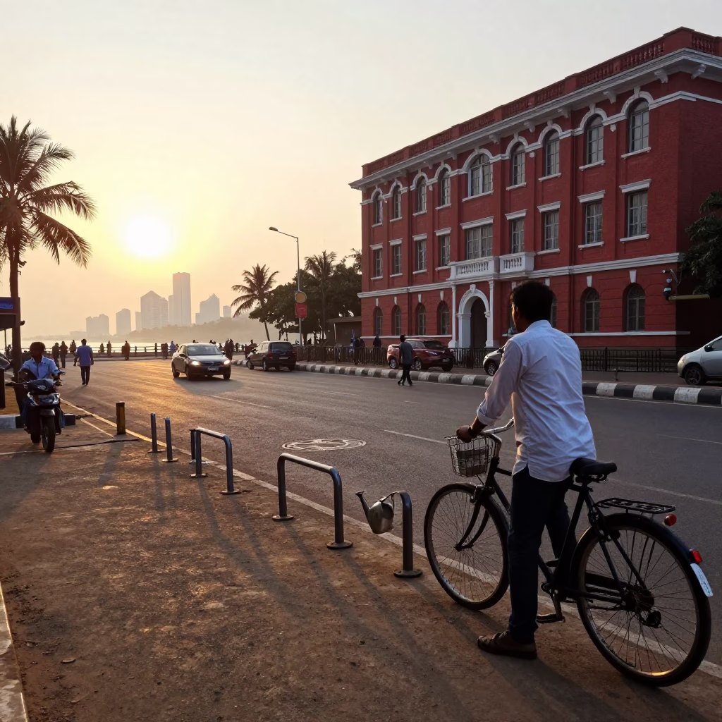 Mumbai India Nautical Dawn Street Scene with Watering Jug and Bicycle Rack in in Mumbai, India