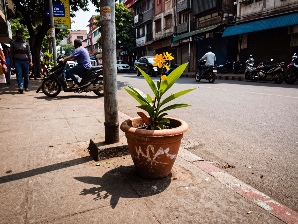 Mumbai India Noon Street Scene with Substation and Flowerpot in in Mumbai, India