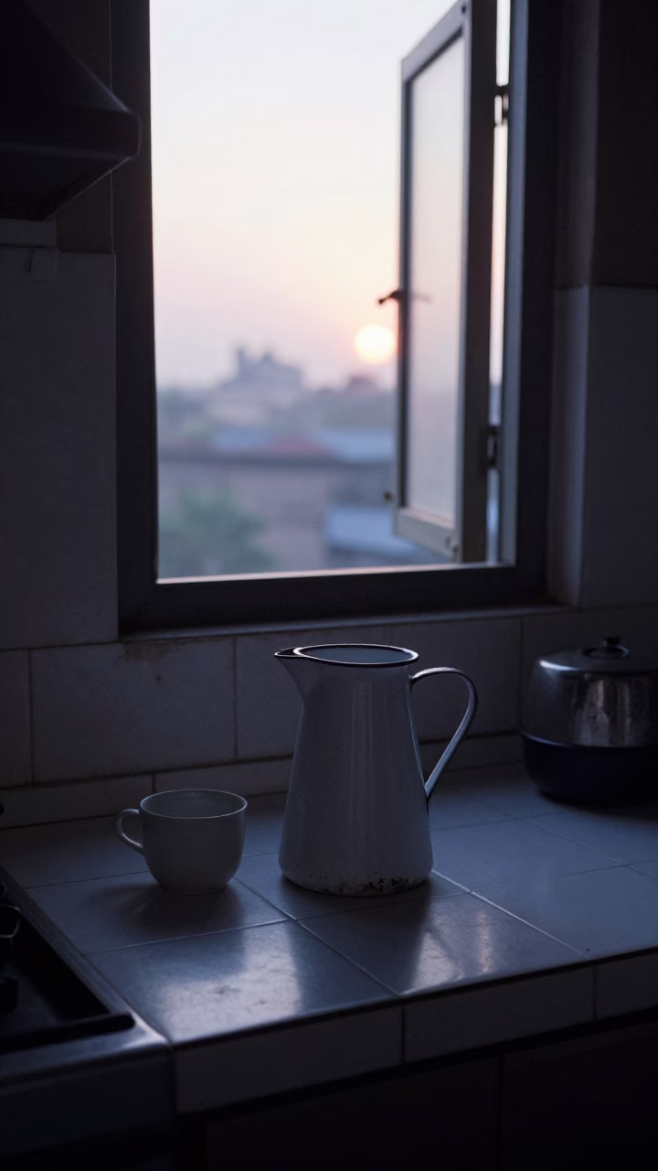 Mumbai India Pre-Dawn Kitchen Counter with Enamel Pitcher and Morning Routine in in Mumbai, India