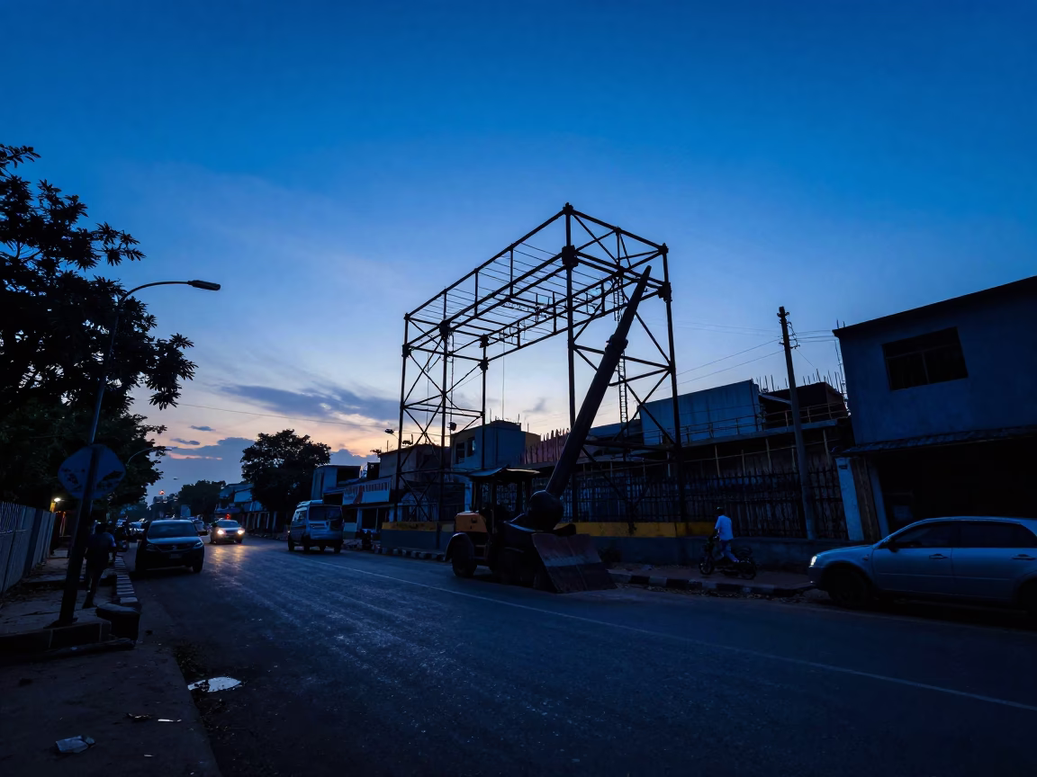 Mumbai India Pre-Dawn Street Scene With Construction Pile Driver And Local Morning Activity in in Mumbai, India