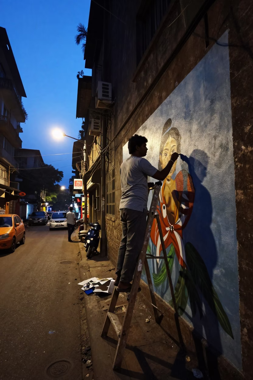Mumbai India Predawn Street Scene with Artist Painting Mural in Darkness in in Mumbai, India