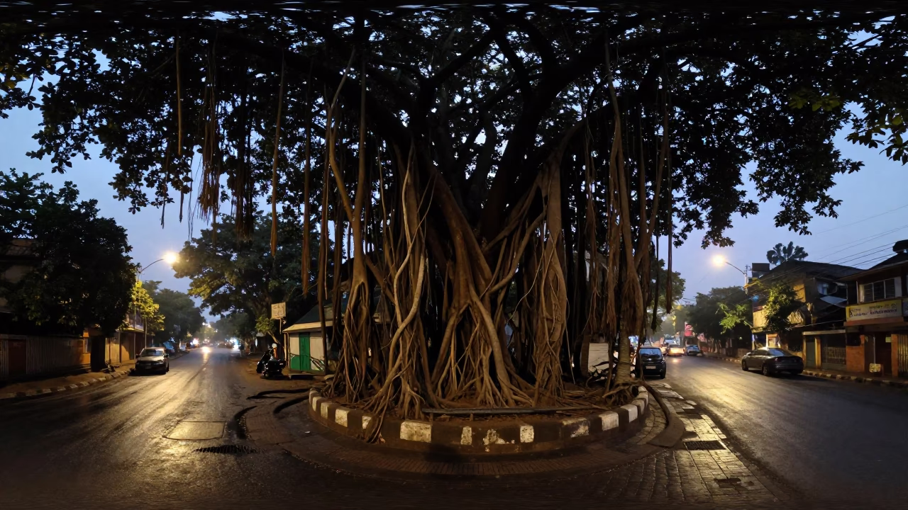 Mumbai India predawn street scene with banyan tree aerial roots and quiet urban atmosphere in in Mumbai, India
