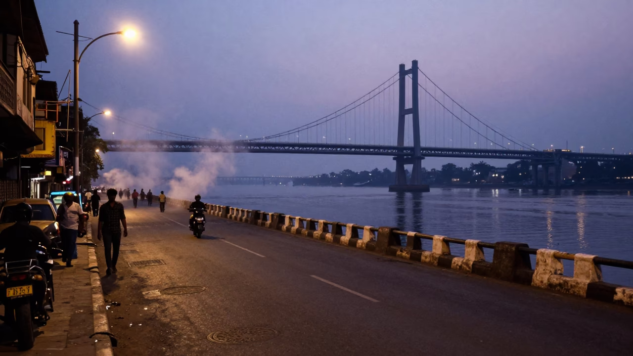 Mumbai India Predawn Street Scene With Bridge Pier And Steam Train Power Substation in in Mumbai, India