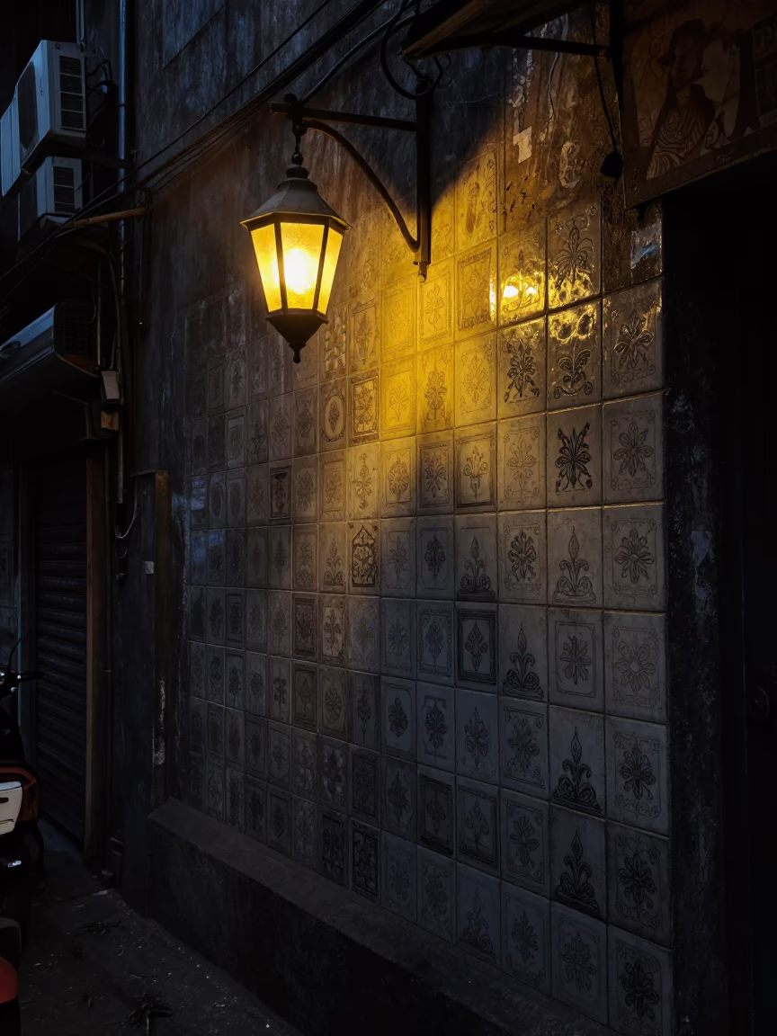 Mumbai India Predawn Street Scene with Lantern Light and Ceramic Tiles in in Mumbai, India