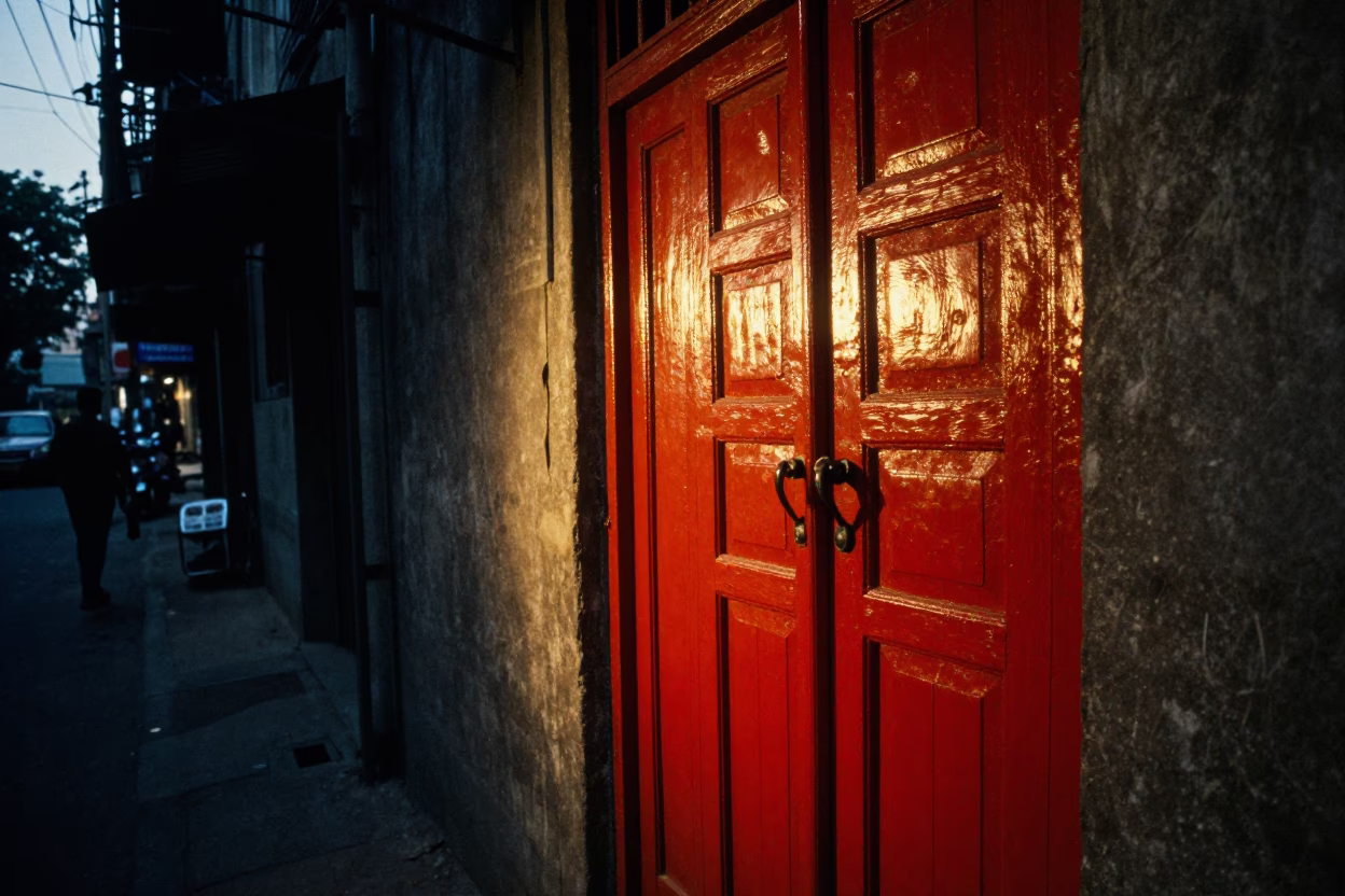 Mumbai India Predawn Street Scene with Red Lacquered Wood and Linen Fringe Details in in Mumbai, India