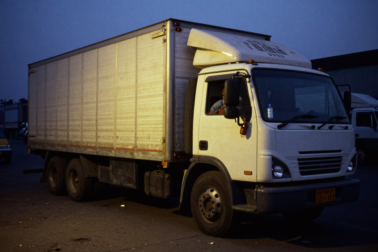 Mumbai India Predawn Street Scene with Semi-Trailer and Water Bottle in in Mumbai, India
