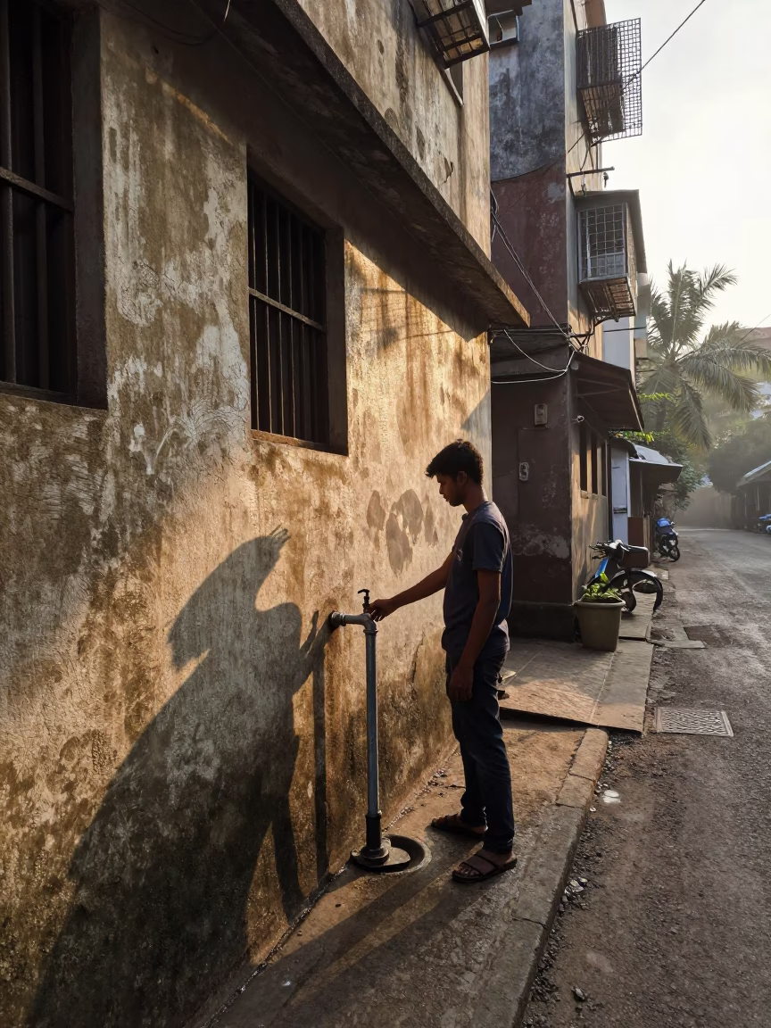 Mumbai India Street Scene at Dawn with Condensation on Ceramic Basin Lip and Pitcher in in Mumbai, India