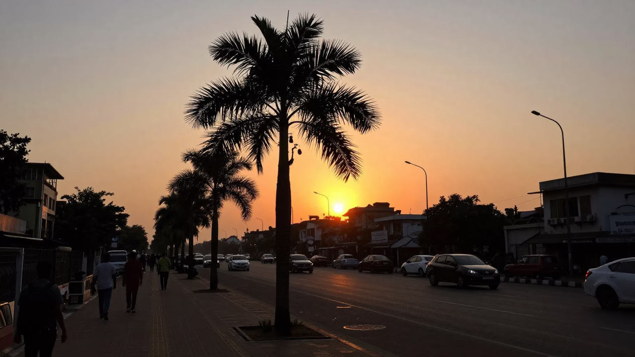 Mumbai India Street Scene at Sunset with Palm Tree Silhouette and Scooter Traffic in in Mumbai, India